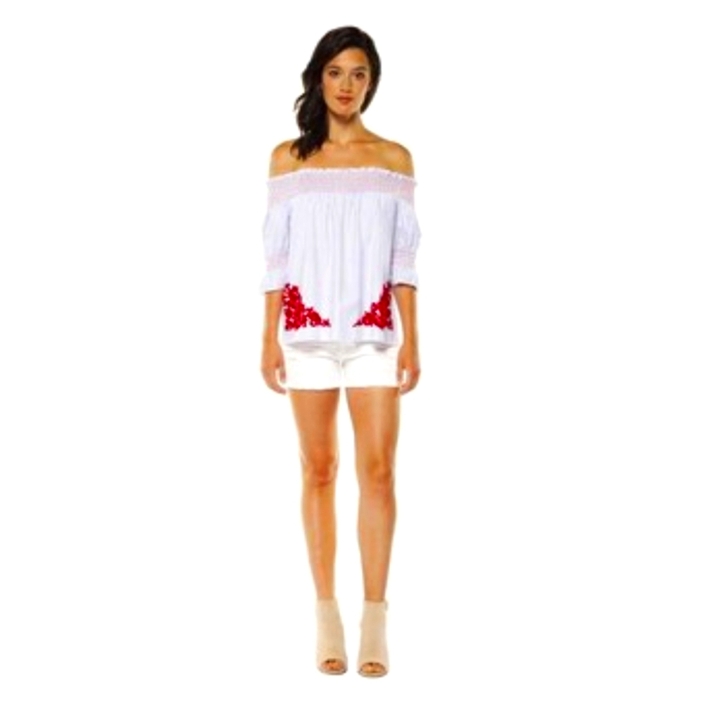 Dex Cold-Shoulder Short Sleeve Blouse Embroidered Hem